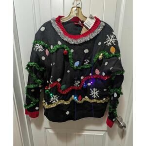 Blizzard Bay Black Christmas Tree Light Up Ugly Sweater Women's Size L New!